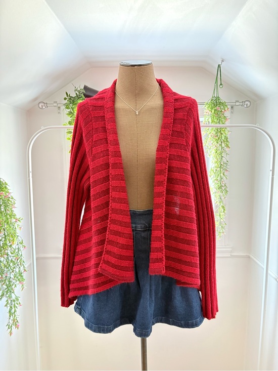 Sweaters - Open-Front Asymmetrical Red Striped Women’s Cardigan Sweater